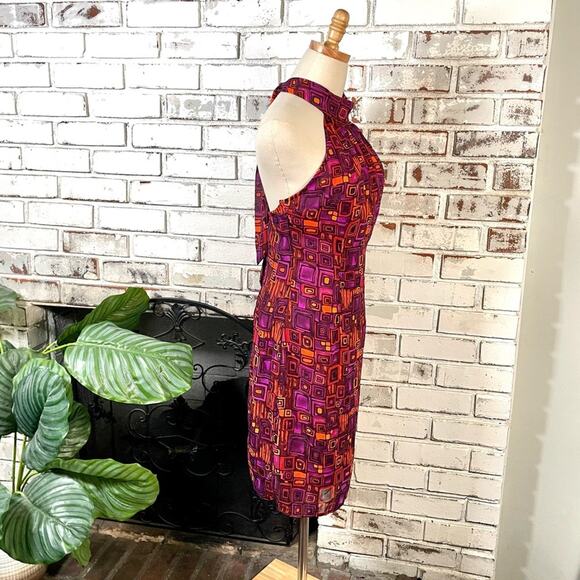 Vintage 90s Bright Pink Orange Geometric Print Mock Neck Halter Mini Dress Small - Picture 4 of 7